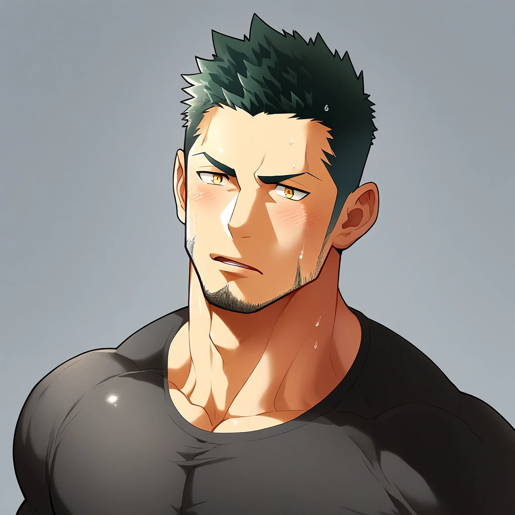 anime characters：Gyee, Priapus，Muscle Sports Student, 1 muscular tough guy, Manliness, male focus, Light yellow high collar long sleeve tight T-shirt, Very tight, The clothes were soaked with sweat, The pectoral muscles are oversized, Slightly transparent, muscular male, muscular, only, Upper body, alone, Black short hair, Thick eyebrows, stubble, Yellow eyes, Grey background, simple background, amazing quality, best aesthetics, Ridiculous, bright pupils, crew cut, parted lips, shy, blush, moaning, saliva trail, drop shadow, best quality