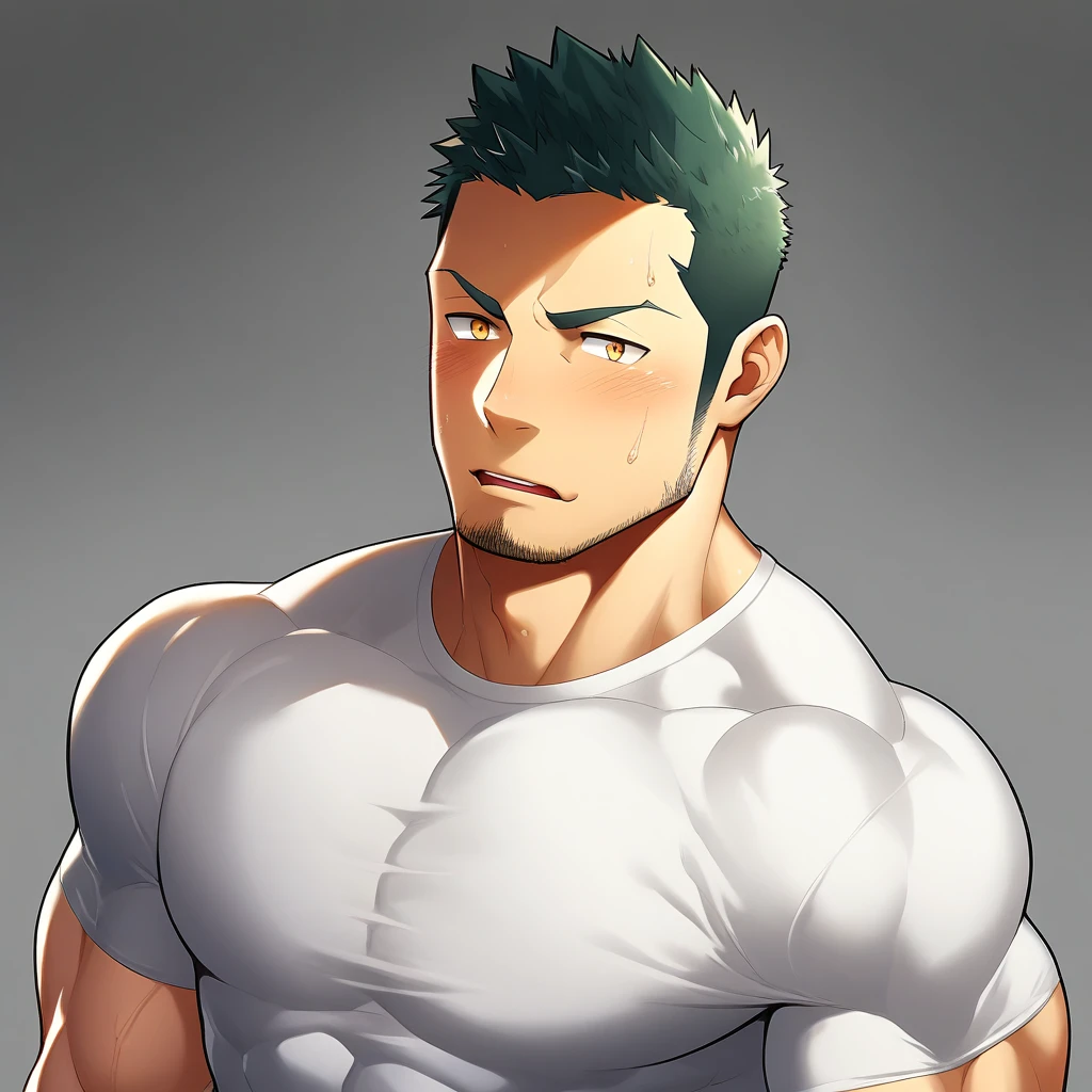 anime characters：Gyee, Priapus，Muscle Sports Student, 1 muscular tough guy, Manliness, male focus, Light yellow high collar long sleeve tight T-shirt, Very tight, The clothes were soaked with sweat, The pectoral muscles are oversized, Slightly transparent, muscular male, muscular, only, Upper body, alone, Black short hair, Thick eyebrows, stubble, Yellow eyes, Grey background, simple background, amazing quality, best aesthetics, Ridiculous, bright pupils, crew cut, parted lips, shy, blush, moaning, saliva trail, drop shadow, best quality