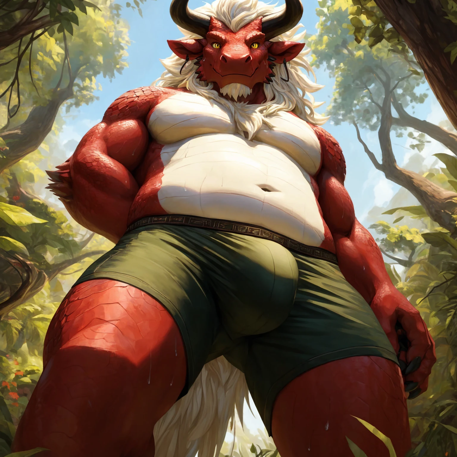 ultra-detailed, masterpiece, masterwork, high quality, best quality, hdr, (nature), nsfw, male, solo, dragon, ((bulge black underpants)), (little red body minotaur), (white chubby body), (long golden hair, yellow eyes, cool eyes), standing, cross your arms, from below, dynamic angle, earrings, sweat