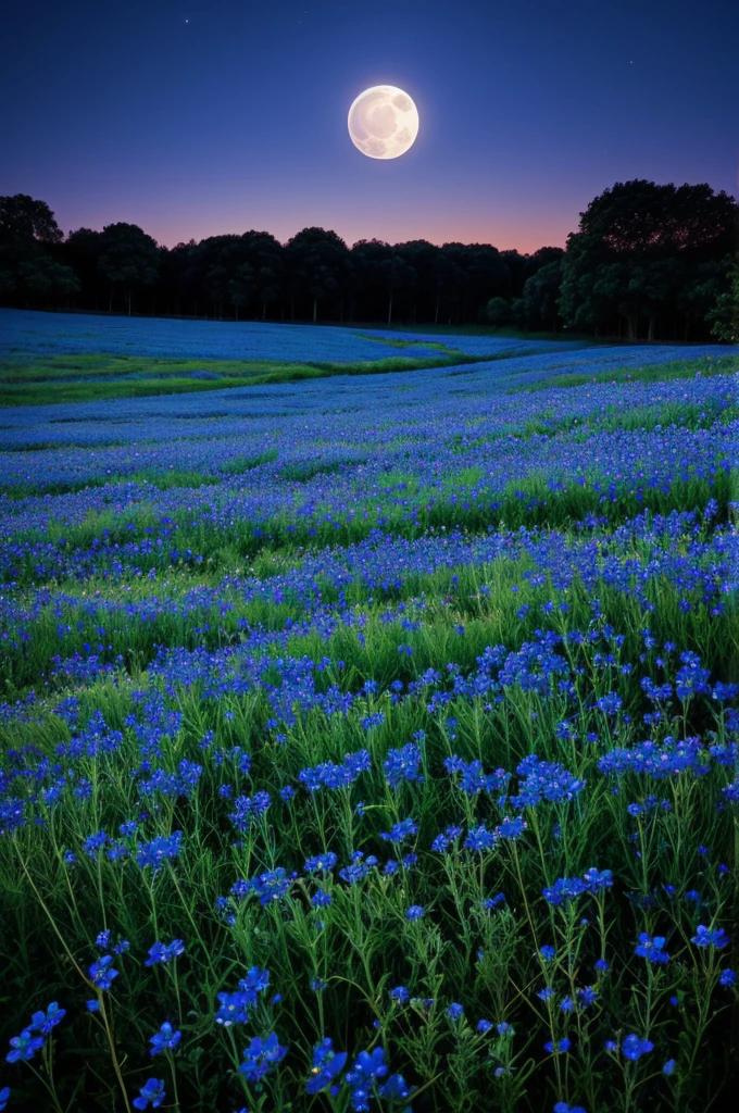 Field of blue flowers at night the full moon