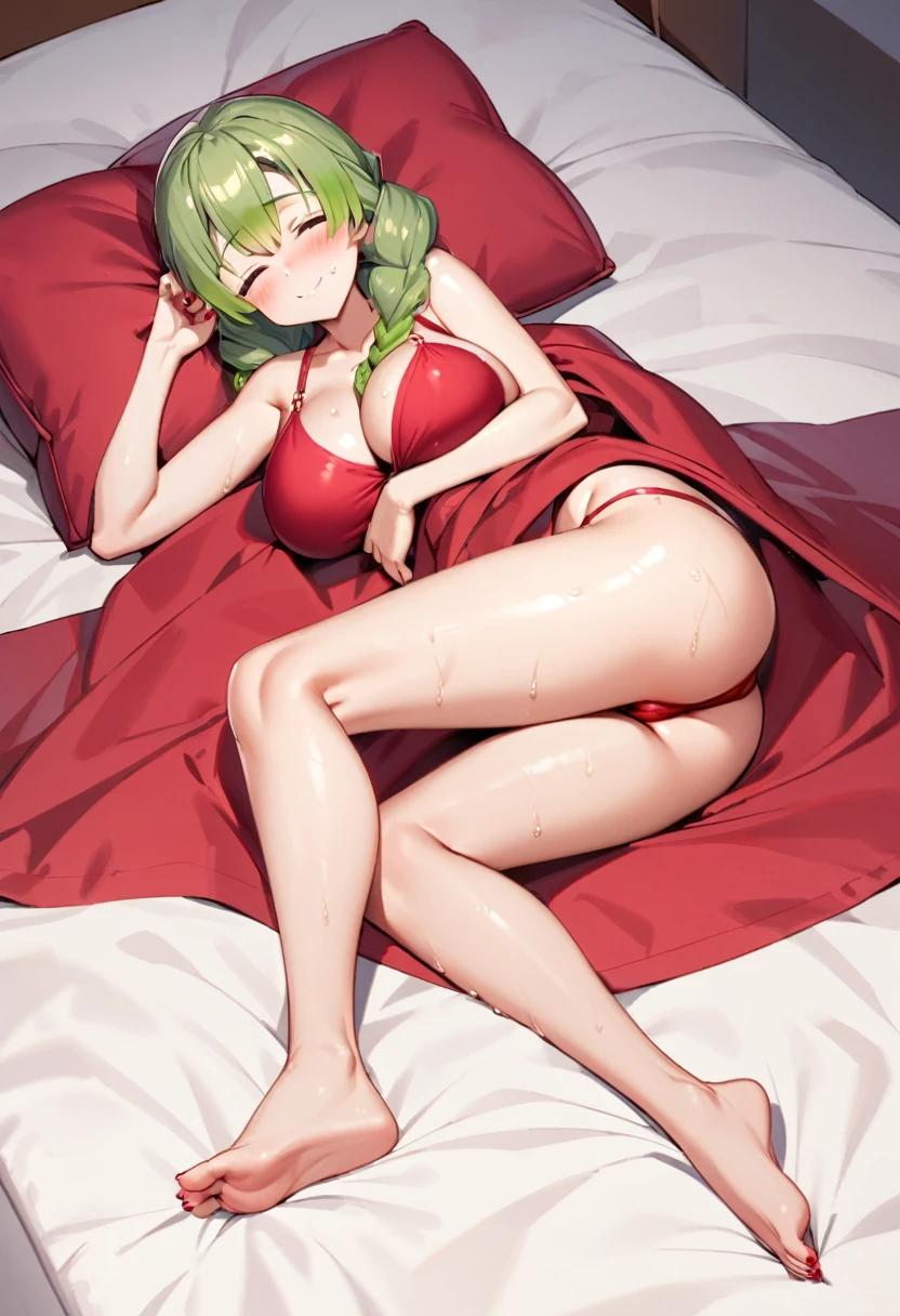 mitsuri kanroji,sleeping, body covered with blanket,sleepy, sleeping,feets,red nails,red underwear, laying on bef, head on pillow,sexy,large breasts, smiling ,blush on face,fidgets with her legs,red thongs,lying on its side, perfect legs, legs close to camera, fullbody, wet thongs