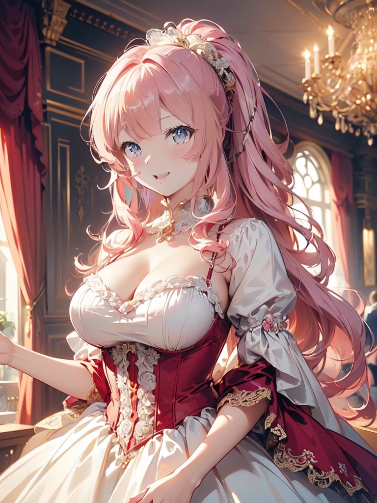 (Moe anime art style:1.2), (masterpiece), (((Highest quality))), (((Ultra-high resolution))), (8K), (Very detailed), (((solo girl))), (18 years old), ((full body)), (((Detailed and beautiful face, Beautiful Lips, Beautiful Eyes))), (((Pink Hair, Fluffy ponytail, Curly Hair, Expressive hair, very voluminous long hair))), ((Deep red taffeta material, Satin Material, Transparent silk material)), ((Dense lace, Long train, Lots of frills)), (((Full-length crinoline hoop skirt, Beautiful and luxurious Rococo Victorian ball gown dress))), ((Big Breasts)), Emphasized cleavage, Sparkling Background