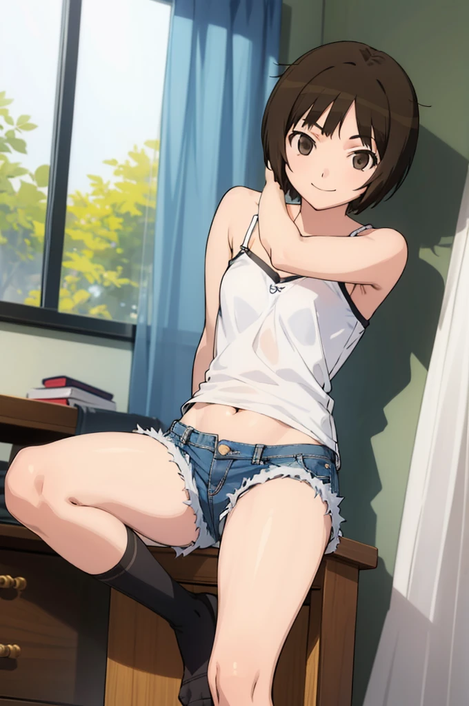 solo, 1girl, looking at viewer, , miya tachibana,camisole,navel,denim shorts,socks,my room, looking at viewer, smile,