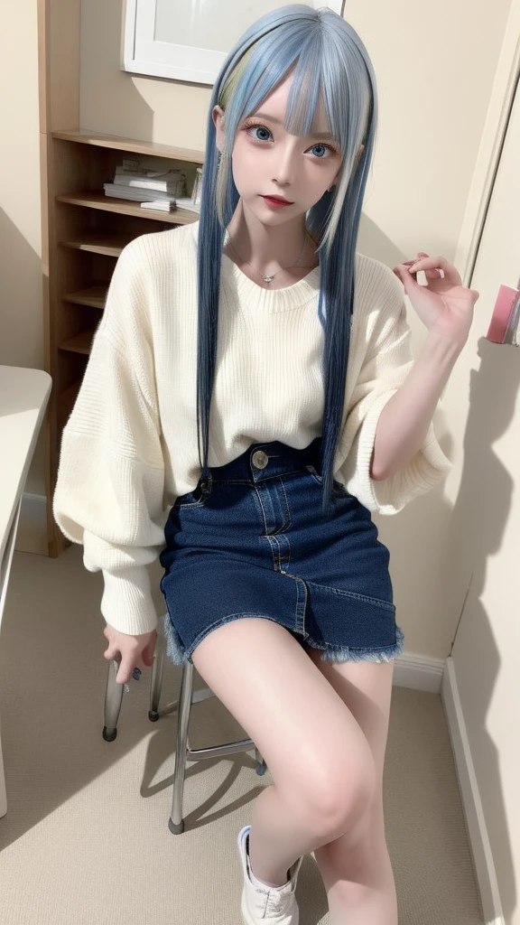 masterpiece, best quality, highly detailed,1girl,indoors, adult, split-color hair, yellow and Blue hair, Narrow, sharp eyes、, clothes, blue eyes、From head to toe、mini skirt、