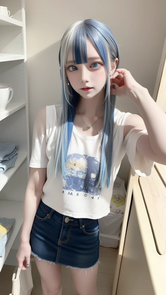masterpiece, best quality, highly detailed,1girl,indoors, adult, split-color hair, yellow and Blue hair, Narrow, sharp eyes、, clothes, blue eyes、From head to toe、mini skirt、