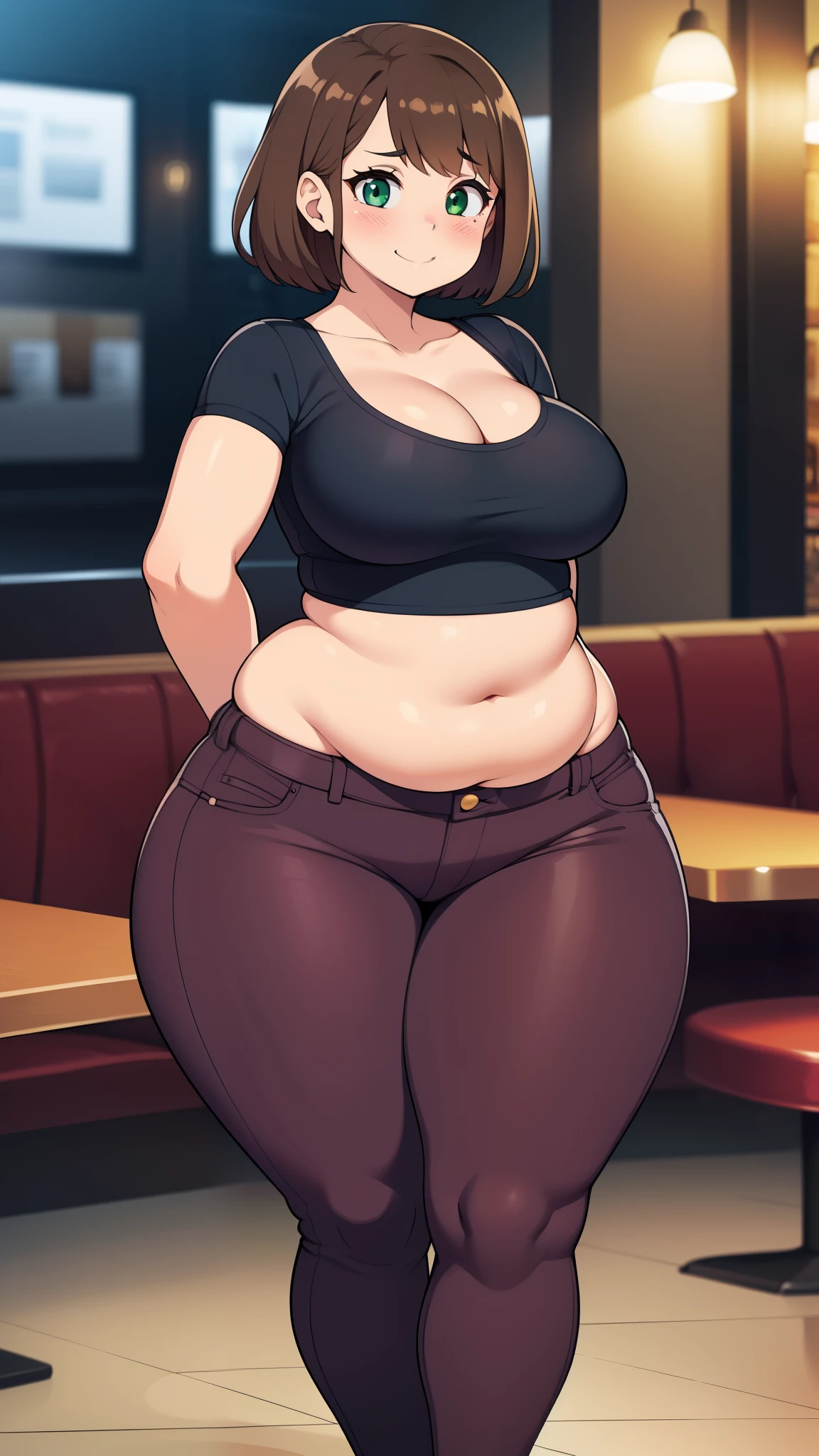 ((highres)), Masterpiece, high quality, best quality, beautiful, perfect lighting, detailed face, ultra cute face, looking at viewer, on a date, ((blush)), affectionate smile, ((1girl)), ((solo)), brown hair, fluffy hair, green eyes, jeans, crop top, tight clothes, fast food restaurant, medium breasts, cleavage, wide hips, ((thick thighs)), ((chubby)), chubby belly, standing, arms behind back, leaned over, cute pose,