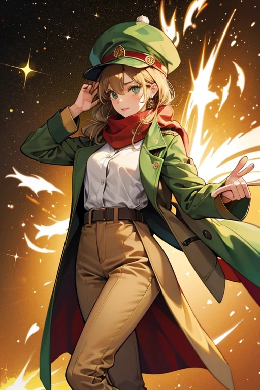 she has olive-skinned,). sHe wears a long green (sometimes tan) coat, brown pants, knee-high boots, a tan scarf, and a red fez hat. SPARKLE; GLITTER