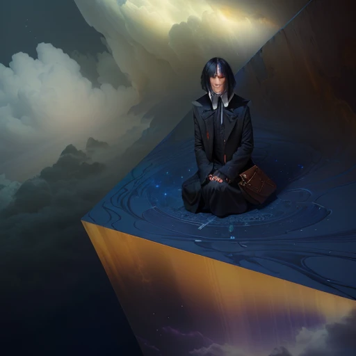 there is a woman sitting on a blue surface with a handbag, desolate. digital illustration, epic 3 d abstract emo girl, sitting on the cosmic cloudscape, severus snape, fan art, surreal scene, neosurrealism. digital art, inspired by Sebastian Vrancx, inspired by Syd Barrett, pensive , inspired by Anna Füssli
