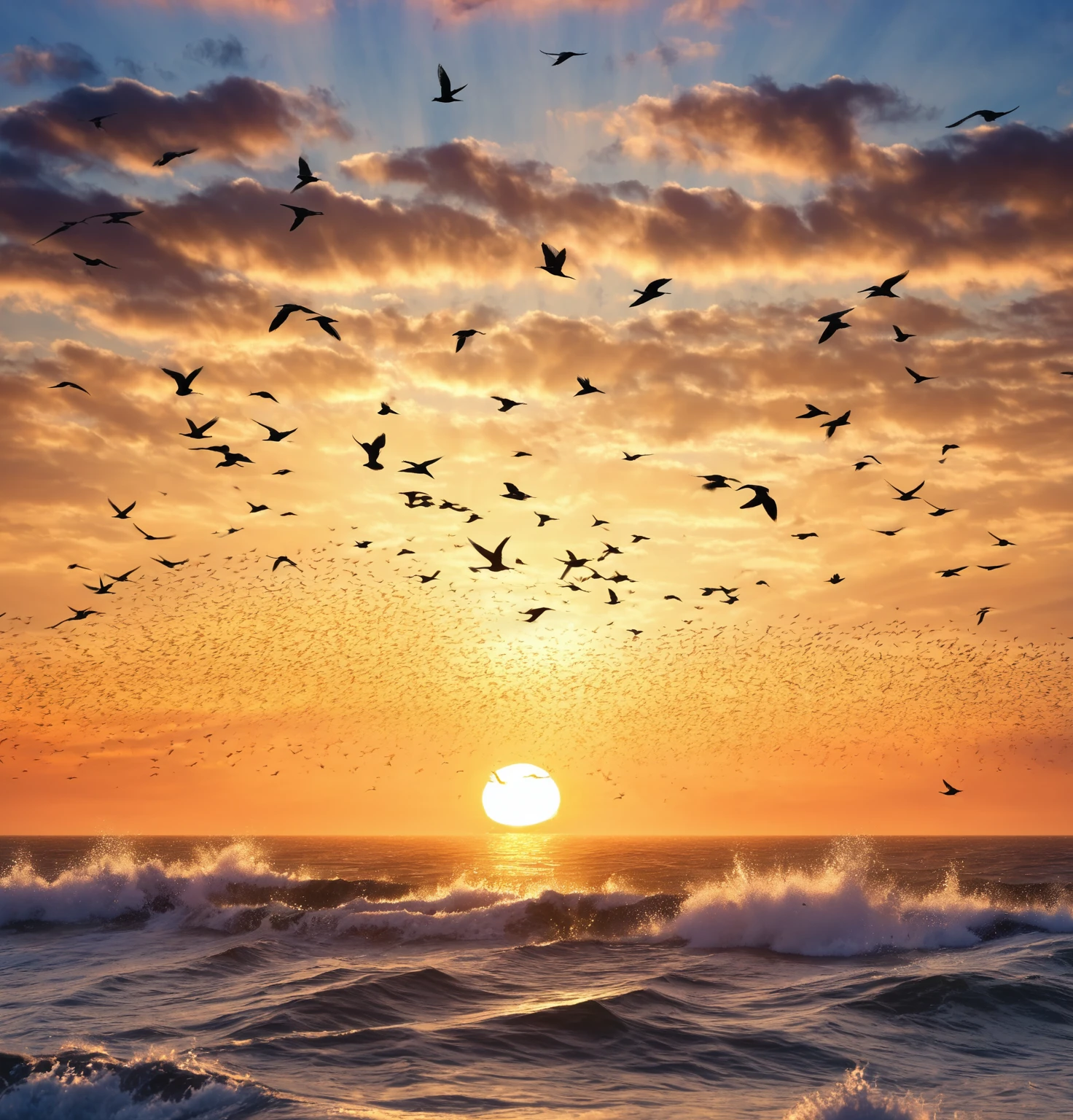 flock of Birds flying over the ocean at sunset, Birds flying away from explosion, Birds flying in the sunlight, Birds flying in the distance, Birds flying away, flying through sunset, Bird in the distance, Birds flying, Amazing composition, Bird in distance, Amazing background, the most beautiful sunset, Birds in the sky, Bird, Beautiful and spectacular sunset