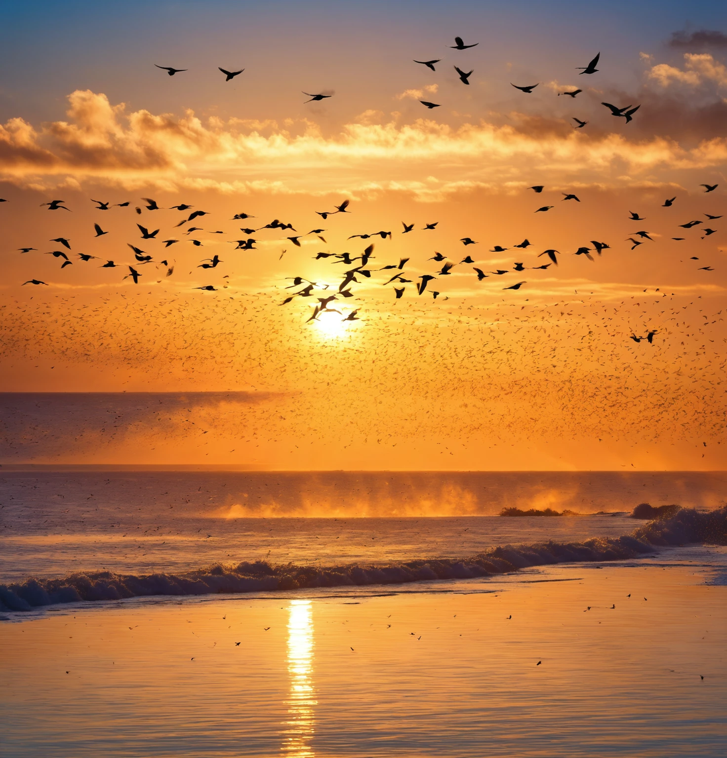 flock of Birds flying over the ocean at sunset, Birds flying away from explosion, Birds flying in the sunlight, Birds flying in the distance, Birds flying away, flying through sunset, Bird in the distance, Birds flying, Amazing composition, Bird in distance, Amazing background, the most beautiful sunset, Birds in the sky, Bird, Beautiful and spectacular sunset