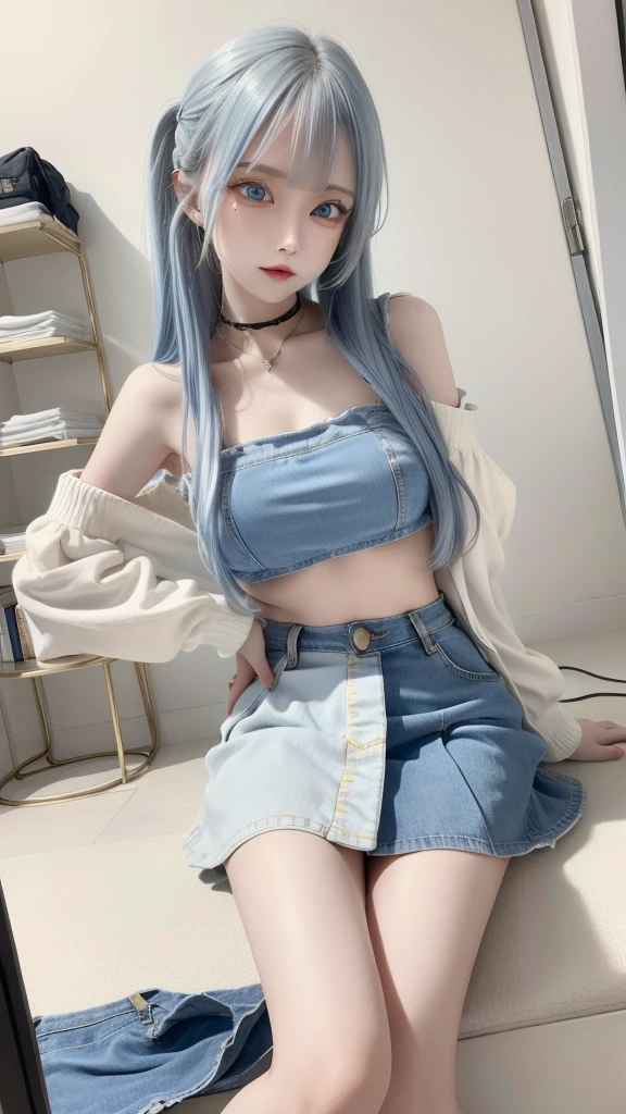 masterpiece, best quality, highly detailed,1girl,indoors, , split-color hair, yellow and Blue hair, Narrow, sharp eyes、, clothes, blue eyes、From head to toe、mini skirt、