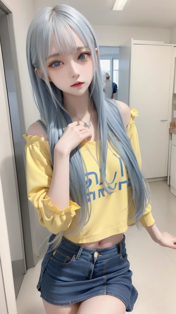masterpiece, best quality, highly detailed,1girl,indoors, adult, split-color hair, yellow and Blue hair, Narrow, sharp eyes、, clothes, blue eyes、From head to toe、mini skirt、