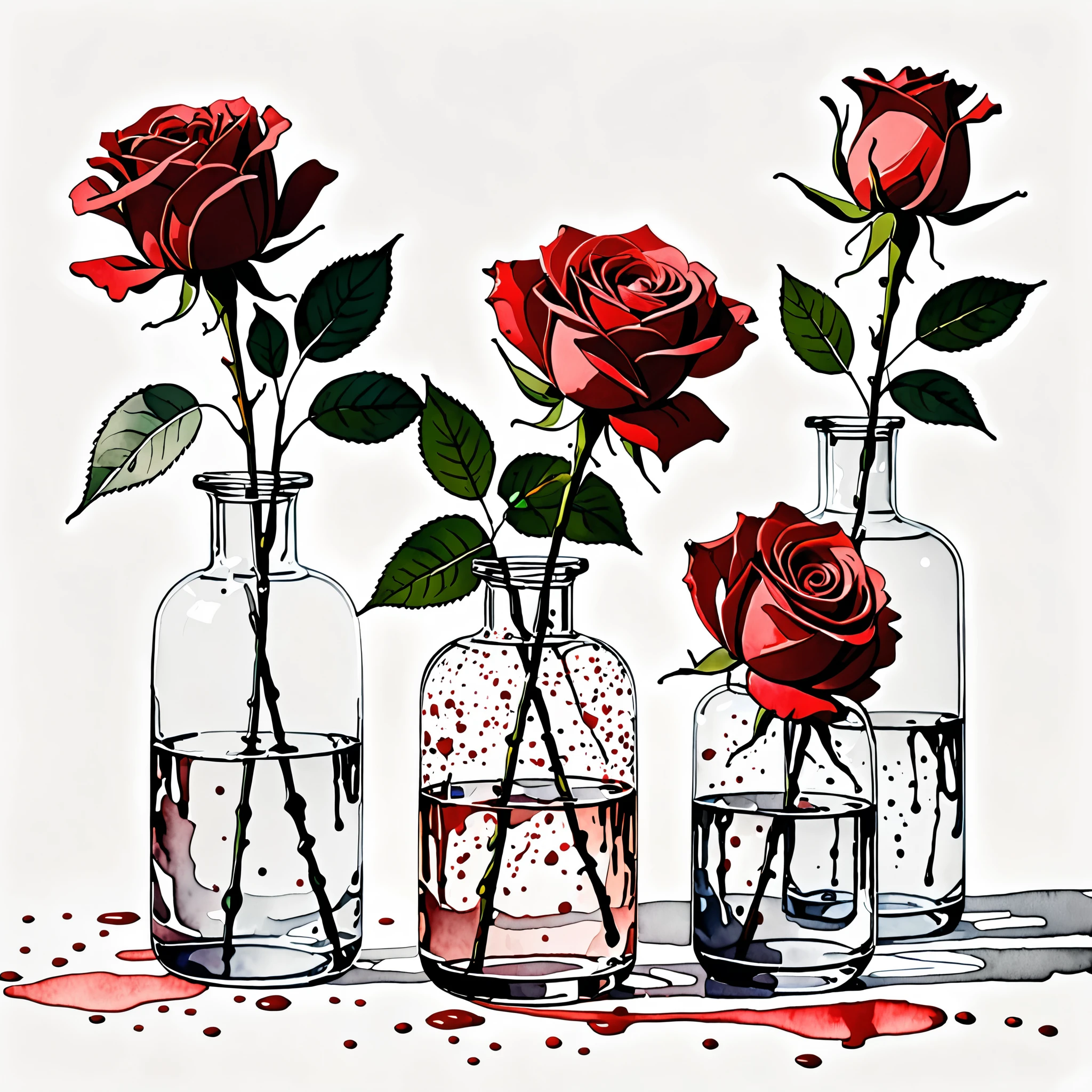 a simple line drawing of red roses in glass vases, ink splatter, watercolor, minimalist illustration, (best quality,4k,8k,highres,masterpiece:1.2),ultra-detailed,(realistic,photorealistic,photo-realistic:1.37),line art, simple floral, elegant, delicate, soft, calming, soothing, red roses, glass vases, ink splatter, transparent glass, watercolor, minimalist, clean, refined, botanical, still life