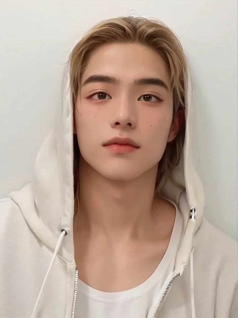 a close-up of a person wearing a hooded sweatshirt and a white shirt, hyung tae, all from the group nct, adorable and pale korean face, taken at the beginning of 2020, Hong Jun Hyung, Tae June Kim, jung jaehyun, xqc, Kim Doyoung, young pale angel, 1 7 year old boy, lean face, hyung tae kim