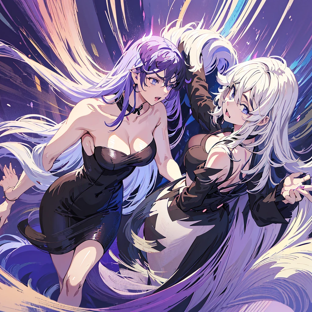  Anime two women a beautiful woman with long slightly wavy white hair bright blue eyes wearing a sexy black dress with black heels next to her a beautiful woman with long dark purple hair with bright purple eyes wearing a sexy black dress and black heels dancing in a nightclub