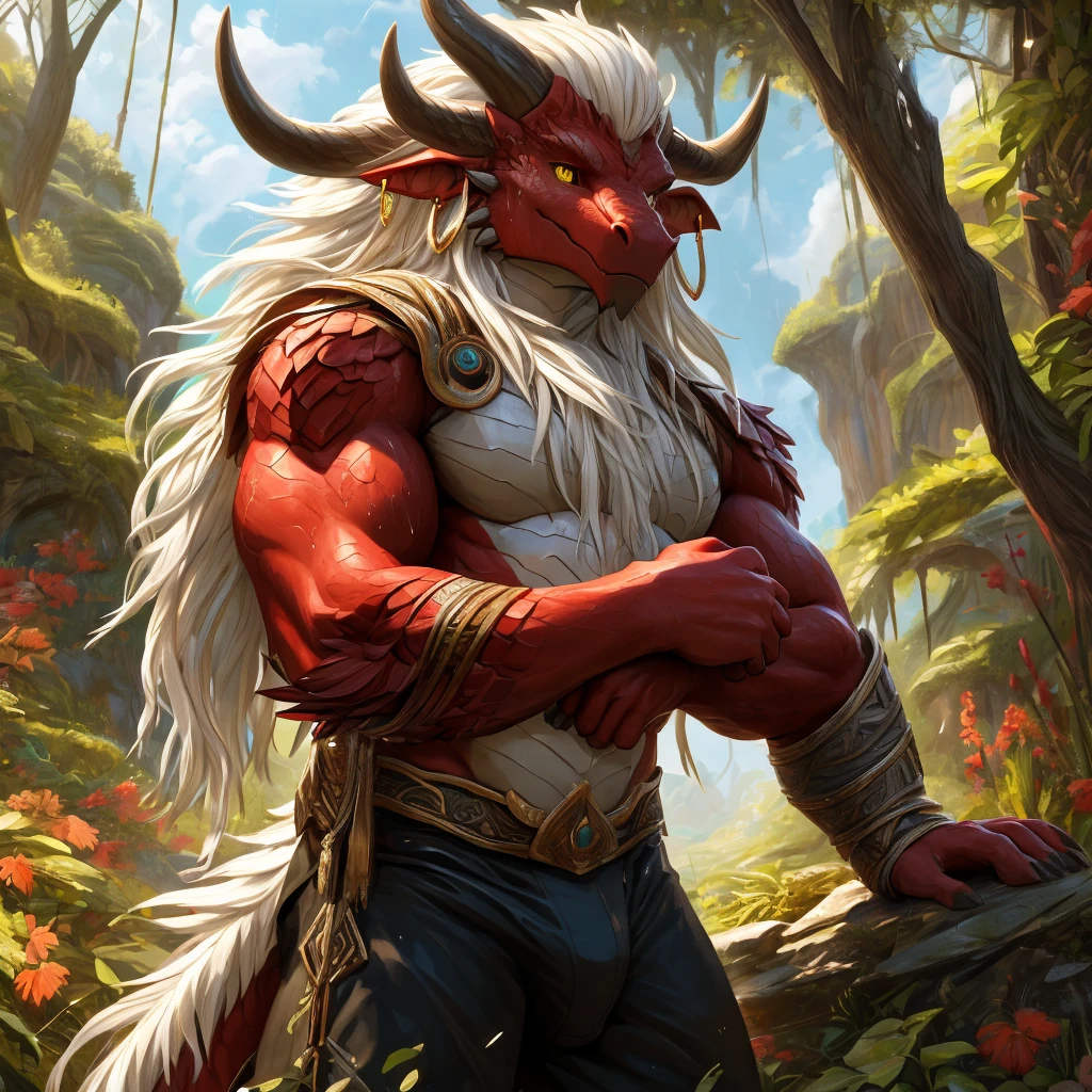 ultra-detailed, masterpiece, masterwork, high quality, best quality, hdr, (nature), nsfw, male, solo, dragon, ((black underpants)), (little red body minotaur), (white body), (long golden hair, yellow eyes, cool eyes), standing, cross your arms, dynamic angle, earrings, sweat