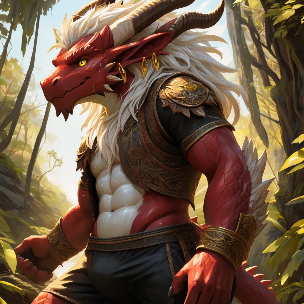 ultra-detailed, masterpiece, masterwork, high quality, best quality, hdr, (nature), nsfw, male, solo, dragon, ((black underpants)), (little red body minotaur), (white body), (long golden hair, yellow eyes, cool eyes), standing, cross your arms, dynamic angle, earrings, sweat