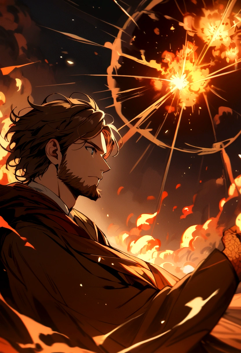 young boy with medium brown beard and medium long brown hair with fire and explosions around him