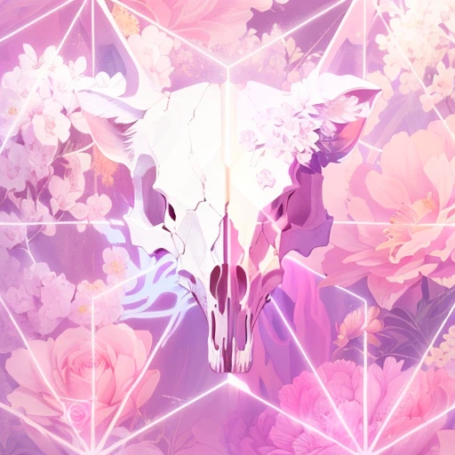 there is a cow skull with a flowered pattern on it, jen bartel, cow skull, beautiful flowers and crystals, the platonic ideal of flowers, beautiful aesthetic, occult aesthetic, dreamcore aesthetic, beeple and alphonse mucha, wallpaper aesthetic, vaporwave artwork composition, animal skull, badass composition, stylized digital illustration, sacred skull, sacred feminine