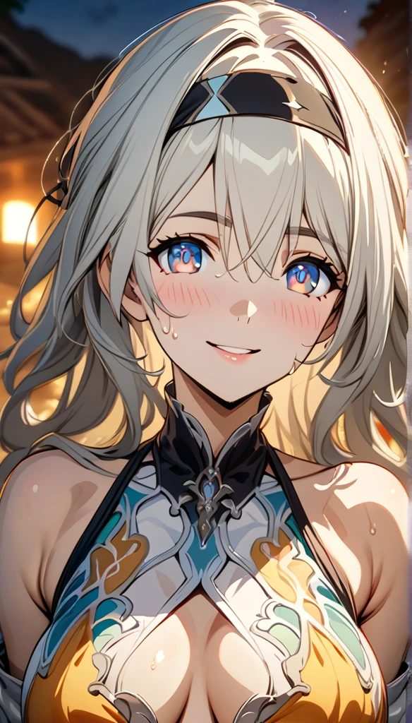 beautiful girl, long grey hair, beautiful face,smiling,close up to hips, beautiful breast, in the middle of hot springs, (open mouth:0.4),illustration,detailed textures(realists),ultra-detailed,portrait style,vivid colors,soft lighting, blushing, mature, hair fluttering, evening light , head band, half body, looking at viewer, cleavages, wearing intricate dress, no bra, perky, sweaty, wet clothes