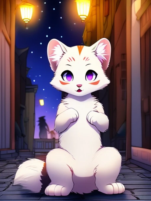 Civet cat, **********, cute, (alone), (((Has brown and white fur))), Big purple eyes, Blushing, smile, Open your mouth, walking, night, Ancient Asian cities, bright street lights, Blue and black slate road, Empty Streets, Starry Sky, Shadow, Detailed facial depiction, ((Accurate hand drawing)), レンブラントの光とShadow, Ultra-fine，Completely naked，Naked，Naked，Sleep on your back，Spread your legs and point your crotch，lift both legs up，Embarrassing，Embarrassing表情，Small dick，anus，