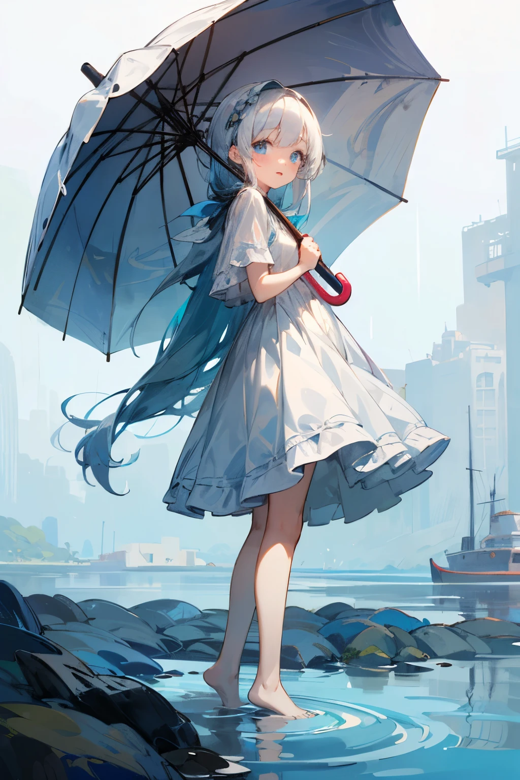 ((Highest quality)), ((masterpiece)), (detailed), Fluffy girl、Young Girl、A transparent vinyl umbrella that lets the background show through、Clear white hair、Clear blue eyes、Standing on the sea、Long Hair、Hair that is bluish in places、Barefoot、White dress、Young、Standing on the surface of the water、Swaying、
smile