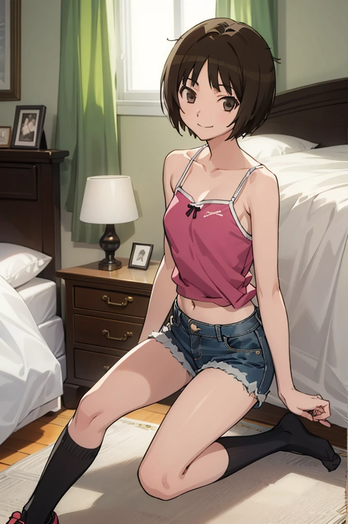 solo, 1girl, looking at viewer, , miya tachibana,camisole,navel,denim shorts,socks,my room, looking at viewer, smile,