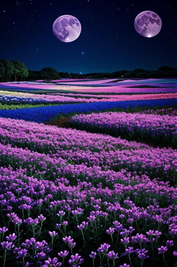 Blue anime flower field at night with full moon