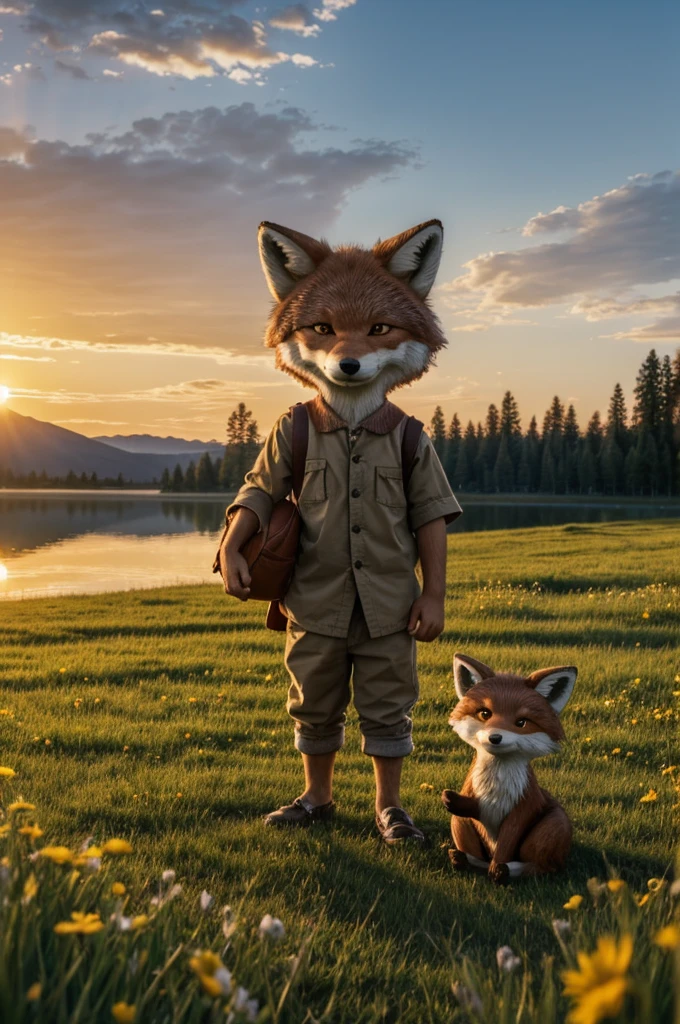 ((best quality)), ((​masterpiece)), (Detailed), An anthropomorphic  wolf boy and an anthropomorphic littleirl sit hand in hand in a meadow by a lake and watch the sunset.