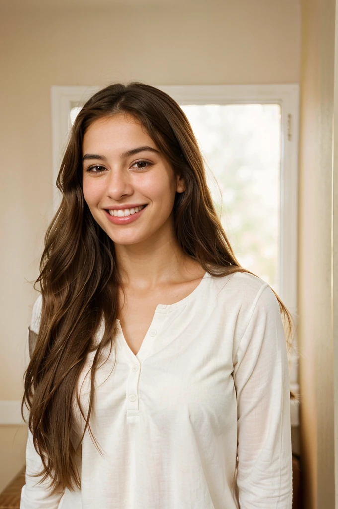 a photo-realistic portrait of a beautiful Palestinian woman with long brown hair, light red shirt, white teeth, and a cute smile, with highly detailed and realistic facial features, modest expression, and realistic white skin tone