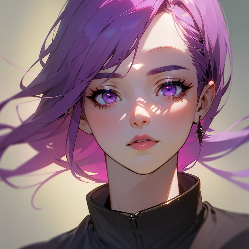 A detailed  with purple hair with green and red with a yellowish tone, purple eyes with red and pink, black shoes, pale skin, height 1,67 m, Beautiful detailed eyes, beautiful detailed lips, extremely detailed eyes and face, long eyelashes, high quality, 8k, hyperrealistic, photorealistic, ultra detailed. , Masterpiece, intricate details, vibrant colors, soft lighting, cinematographic, anime style,extremely detailed full body
