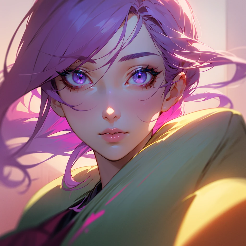 A detailed  with purple hair with green and red with a yellowish tone, purple eyes with red and pink, black shoes, pale skin, height 1,67 m, Beautiful detailed eyes, beautiful detailed lips, extremely detailed eyes and face, long eyelashes, high quality, 8k, hyperrealistic, photorealistic, ultra detailed. , Masterpiece, intricate details, vibrant colors, soft lighting, cinematographic, anime style,extremely detailed full body