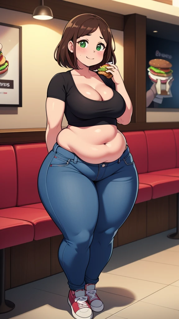 ((highres)), Masterpiece, high quality, best quality, beautiful, perfect lighting, detailed face, ultra cute face, looking at viewer, on a date, ((blush)), affectionate smile, ((1girl)), ((solo)), brown hair, fluffy hair, green eyes, jeans, crop top, tight clothes, fast food restaurant, medium breasts, cleavage, wide hips, ((thick thighs)), ((chubby)), chubby belly, standing, arms behind back, leaned over, cute pose,