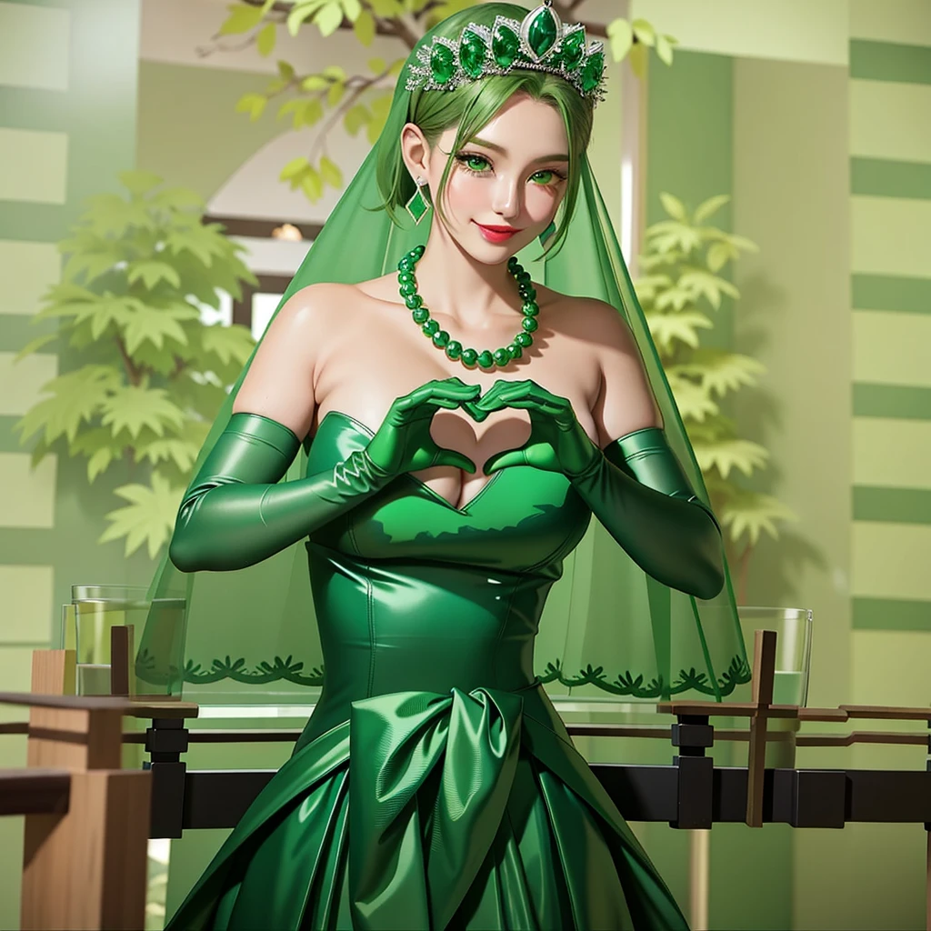 Emerald tiara, Green Pearl Necklace, ボーイッシュな非常に短いGreen Hair, Green Lips, Smiling Japanese woman, Very short hair, Busty beautiful lady, Green Eyes, Green satin long gloves, Green Eyes, Emerald Earrings, Green veil, Heart with both hands, Green Hair, Beautiful Japanese Woman, Heart shaped hands:1.3, green lip gloss