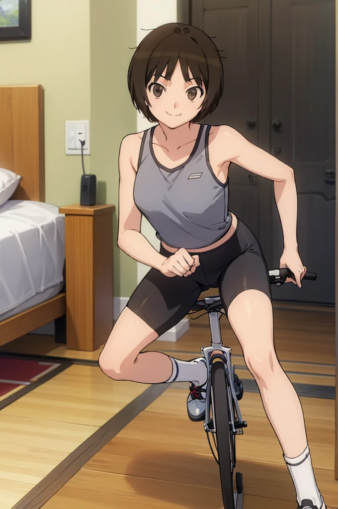 solo, 1girl, looking at viewer, , miya tachibana,sports bra,bike shorts,socks,my room, looking at viewer, smile,