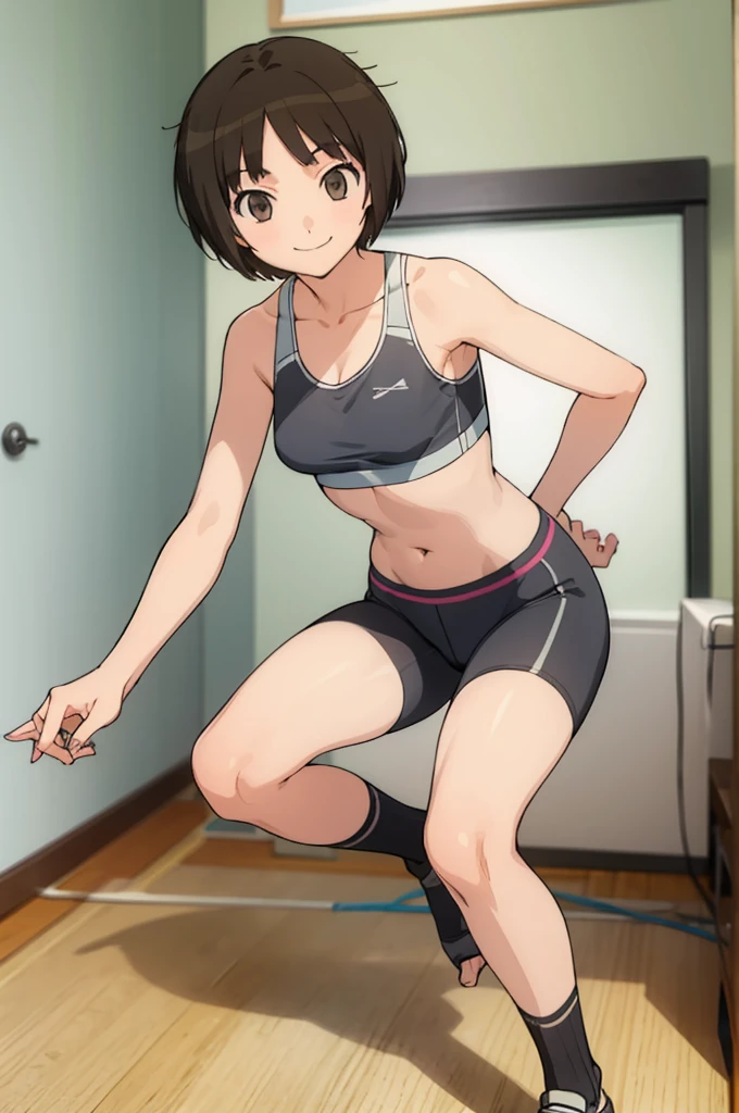 solo, 1girl, looking at viewer, , miya tachibana,sports bra,bike shorts,socks,my room, looking at viewer, smile,