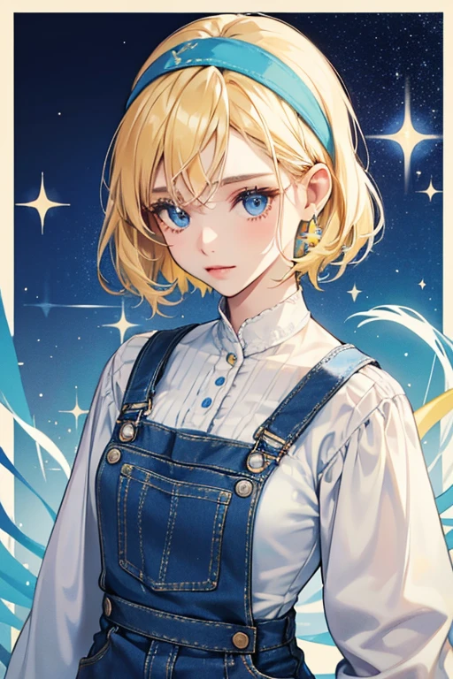 She has short blonde hair (which she keeps held back with a blue or yellow headband and clips), blue eyes, and wears a long-sleeved white blouse and blue overalls SPARKLE; GLITTER