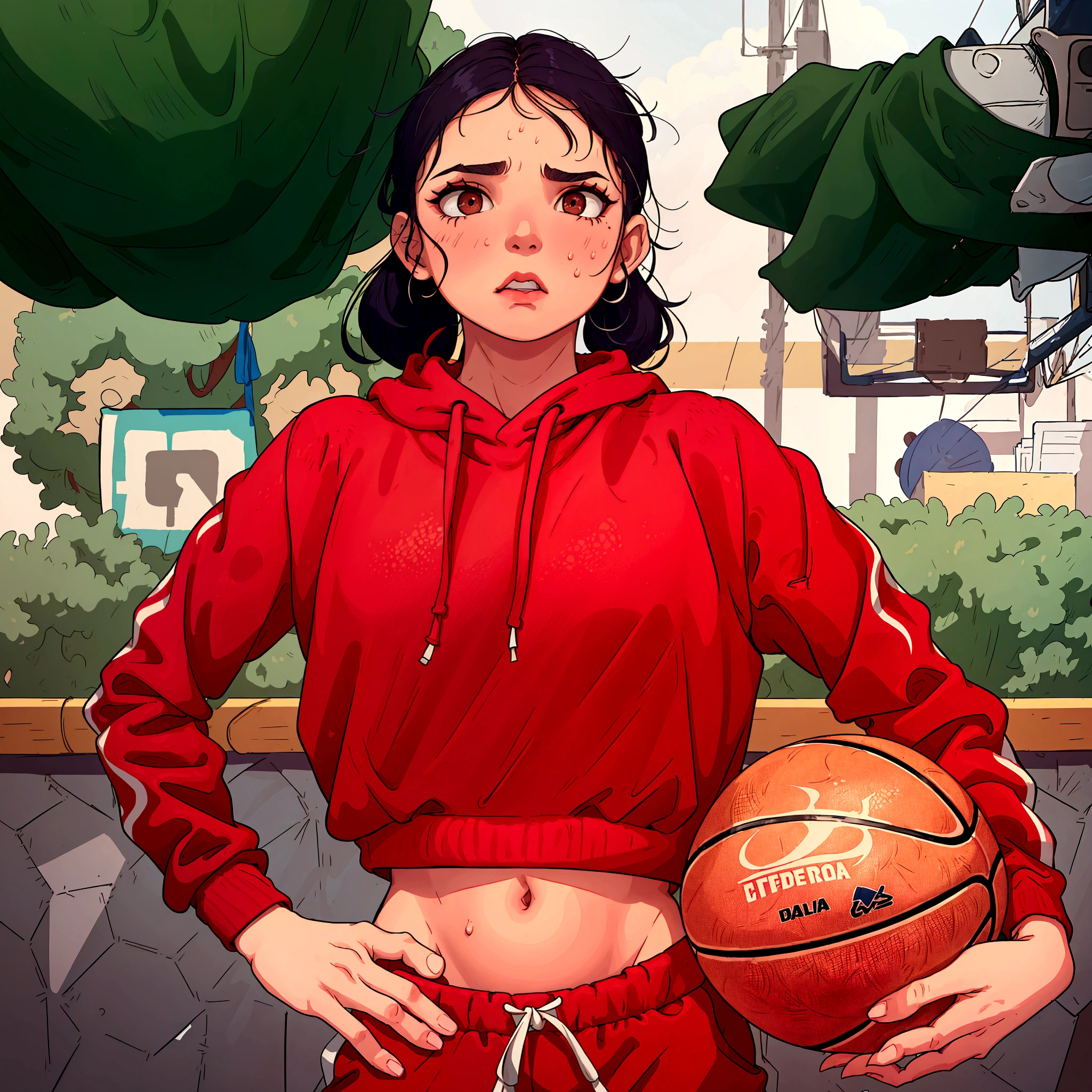 mulher afra-latina americana com moletom azul florescente holding a ball de basquete, wearing basketball jersey, wearing a sweatshirt, wearing a sweatshirt, dribble contest winner, holding a ball, Wearing a red sweatshirt, Play basketball, wearing a scarlet sweatshirt, girl wearing sweatshirt, wearing a volleyball shirt, esportivo, sports clothes, wearing a hoodie and sweatpants, dribbling trend