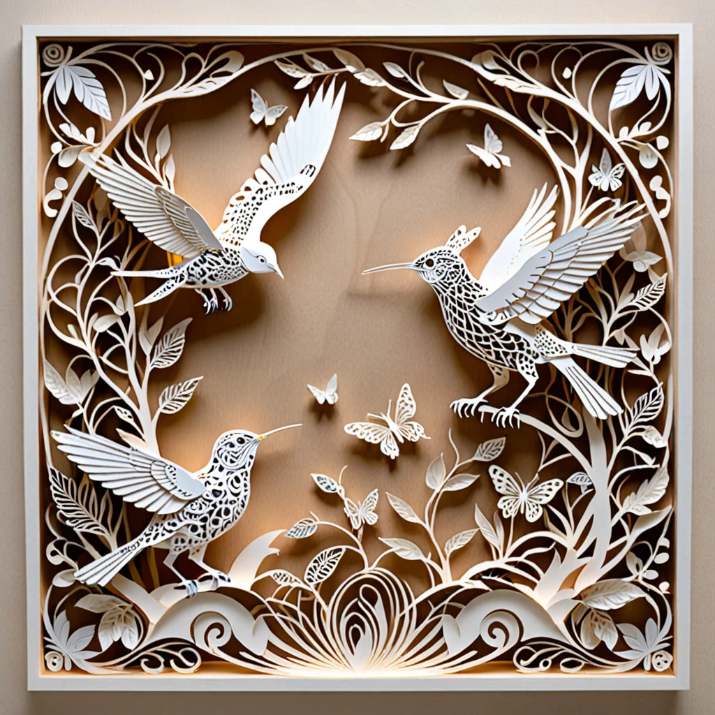 Create a detailed paper cutout artwork depicting a scene that combines intricate patterns with various creatures. The scene should include a harmonious blend of elaborate, decorative patterns interwoven with animals such as birds, fish, butterflies, and other creatures. The patterns should complement the forms and movements of the animals, creating a seamless integration between the natural and the abstract. The artwork should evoke a sense of wonder and intricacy, highlighting the beauty and complexity of both the patterns and the creatures. The overall mood should be artistic and enchanting, capturing the elegance of nature through detailed design
