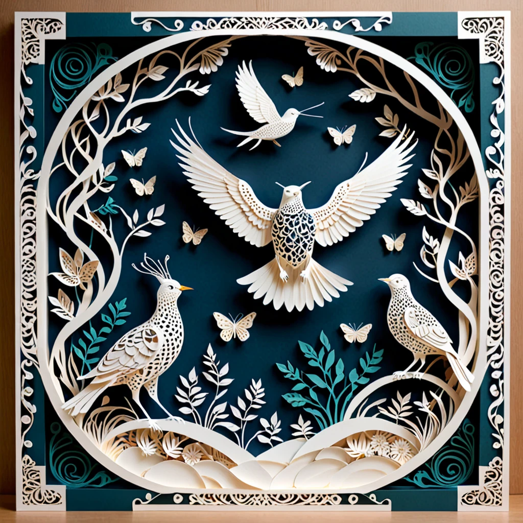 Create a detailed paper cutout artwork depicting a scene that combines intricate patterns with various creatures. The scene should include a harmonious blend of elaborate, decorative patterns interwoven with animals such as birds, fish, butterflies, and other creatures. The patterns should complement the forms and movements of the animals, creating a seamless integration between the natural and the abstract. The artwork should evoke a sense of wonder and intricacy, highlighting the beauty and complexity of both the patterns and the creatures. The overall mood should be artistic and enchanting, capturing the elegance of nature through detailed design