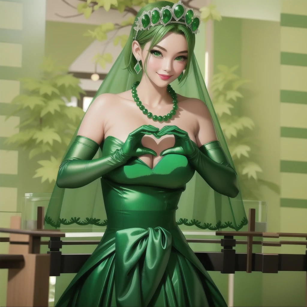 Emerald tiara, Green Pearl Necklace, ボーイッシュな非常に短いGreen Hair, Green Lips, Smiling Japanese woman, Very short hair, Busty beautiful lady, Green Eyes, Green satin long gloves, Green Eyes, Emerald Earrings, Green veil, Heart with both hands, Green Hair, Beautiful Japanese Woman, Heart shaped hands:1.3, green lip gloss