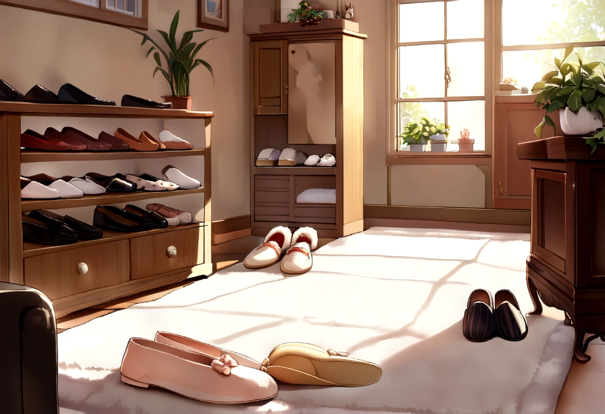 In the bright living room,(In the middle is the shoe cabinet:1.4),(shoe:1.2),There are slippers on the carpet,