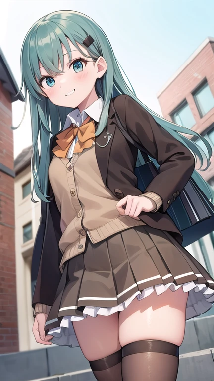masterpiece,long_hair,brown_thighhighs,hairclip,hair_ornament,school_uniform,pleated_skirt,brown_skirt,cardigan,aqua_hair,aqua_eyes,brown_jacket,looking_at_viewer,bowtie,evil smile,frilled_skirt,ascot,outdoor,town,from below,shopping