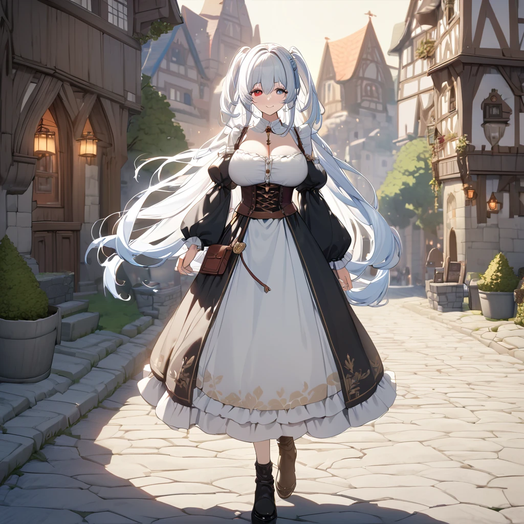 A woman wearing traditional dirndl dress, silver hair, long hair, pigtail hair, red eye, blue eye, multicolored eyes, big breasts, smiling, walking on a stone walkway in medieval style, city in traditional German aesthetic, some trees on site, traditional lamps..UHD , prime work , accurate , anatomically correct , textured skin , super details , high quality , best quality, 8k, high resolution, bokeh effect. (woman alone)
