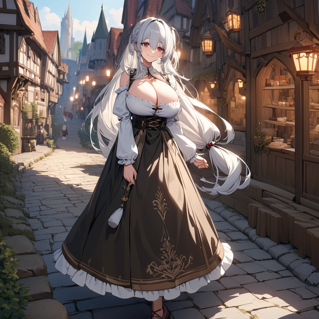 A woman wearing traditional dirndl dress, silver hair, long hair, pigtail hair, red eye, blue eye, multicolored eyes, big breasts, smiling, walking on a stone walkway in medieval style, city in traditional German aesthetic, some trees on site, traditional lamps..UHD , prime work , accurate , anatomically correct , textured skin , super details , high quality , best quality, 8k, high resolution, bokeh effect. (woman alone)
