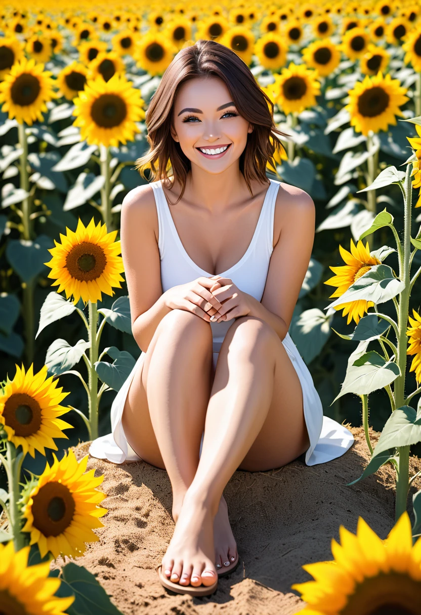 Woman sitting happy in a landscape of sunflowers showing her toenails and hands