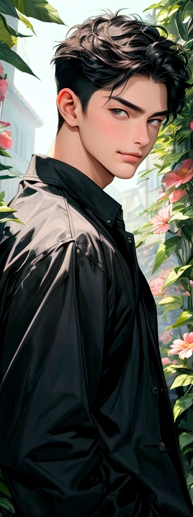 (masterpiece best qualtiy)( AI art)(high qualtiy)1 boy , handsome, charming, fresh,(detail  face), ignore face, thick neck , pointed chin, black hair, short hair, tall, stronger, Sharp eyes, Badass, no tattoos, potrait, looking at view, smirk face, standing , garden flower background 