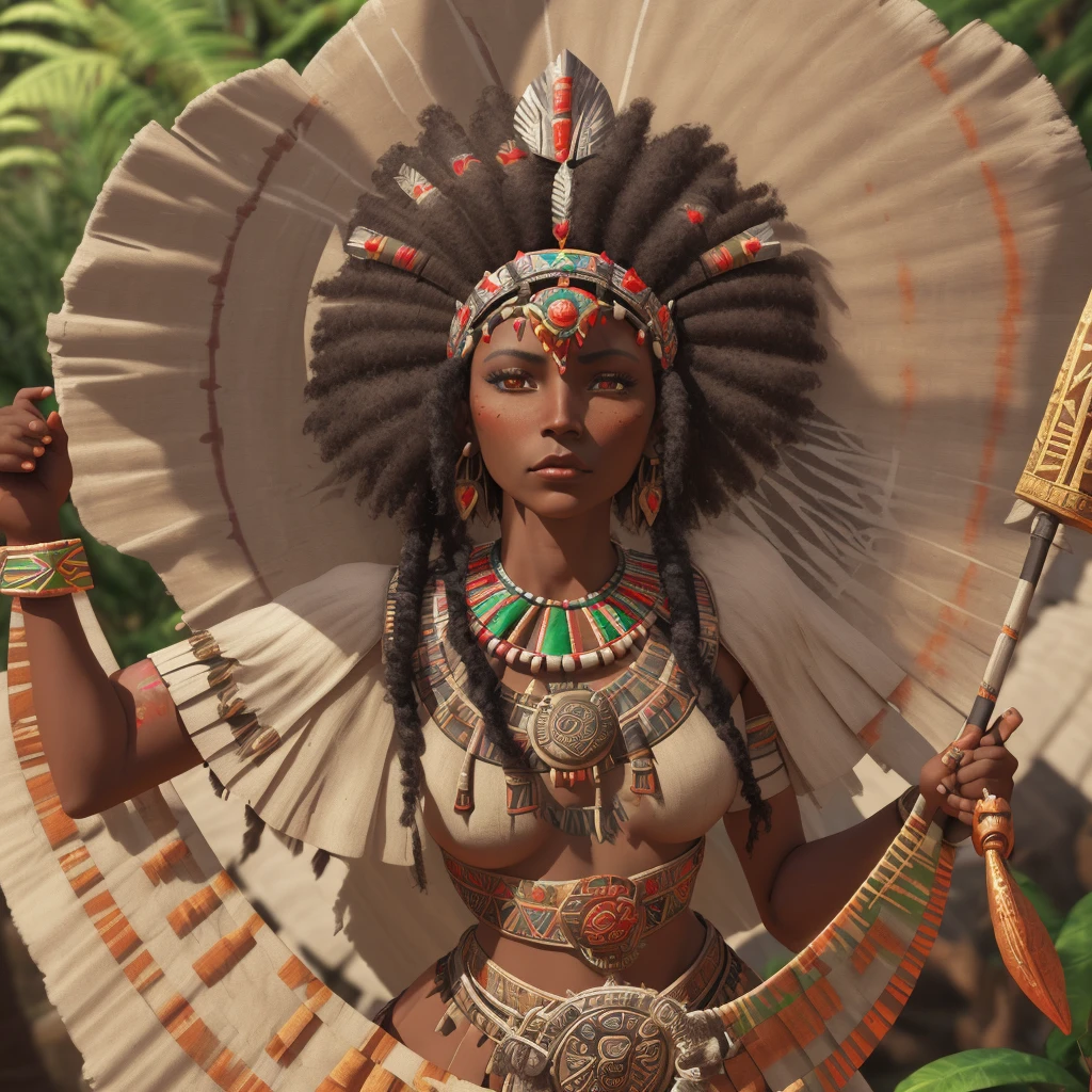 painting of a woman in native dress holding a rose and a pole, dark skin female goddess of love, : native american shamen fantasy, epic 3 d oshun, african princess, aztec warrior goddess, black african princess, african queen, aztec princess portrait, by Herbert MacNair, aztec queen, caribbean, mayan priestess, nature goddess