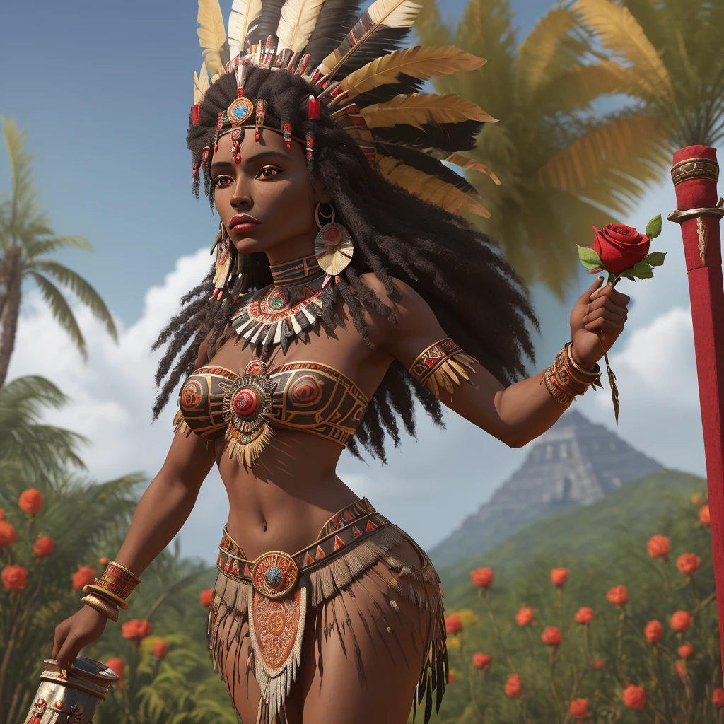 painting of a woman in native dress holding a rose and a pole, dark skin female goddess of love, : native american shamen fantasy, epic 3 d oshun, african princess, aztec warrior goddess, black african princess, african queen, aztec princess portrait, by Herbert MacNair, aztec queen, caribbean, mayan priestess, nature goddess