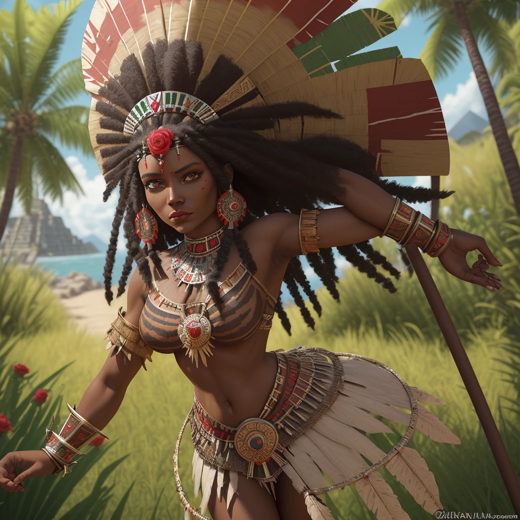 painting of a woman in native dress holding a rose and a pole, dark skin female goddess of love, : native american shamen fantasy, epic 3 d oshun, african princess, aztec warrior goddess, black african princess, african queen, aztec princess portrait, by Herbert MacNair, aztec queen, caribbean, mayan priestess, nature goddess